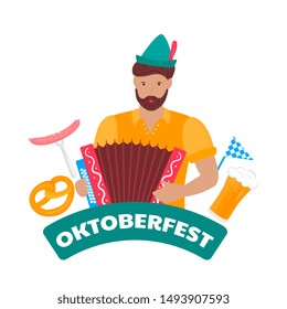 A man in a green hat with a feather plays the accordion. Beer, sausage, pretzel. German Oktoberfest Festival Celebration