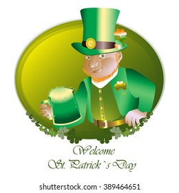 man in a green hat with a glass of green beer in his hand in an olive frame with clover leaf