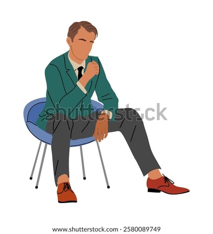 A man in a green jacket and gray pants sits in a blue chair. He is wearing a tie and a red shoe. The man is thinking or contemplating something