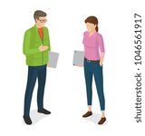 Man in green jacket, jeans with laptop in glasses and faceless woman with notebook vector isolated on white. Student or college cartoon characters