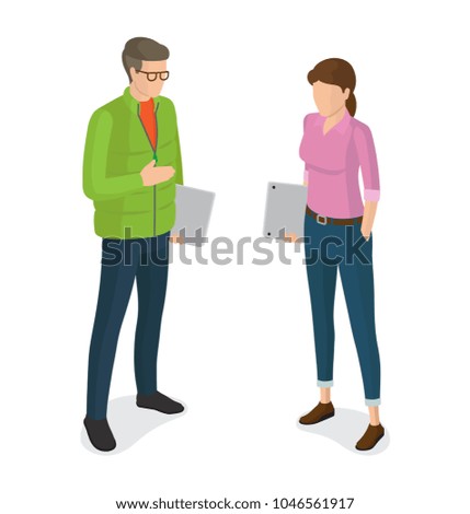 Man in green jacket, jeans with laptop in glasses and faceless woman with notebook vector isolated on white. Student or college cartoon characters