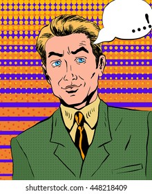 a man in a green jacket and an orange tie pop art style looking up and smiling