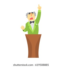 Man in green jacket standing behind the tribune and pointing his finger up