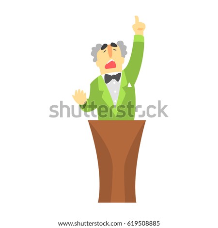 Man in green jacket standing behind the tribune and pointing his finger up