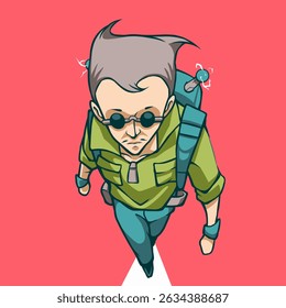 Um homem com uma jaqueta verde está andando sobre um fundo vermelho. Ele está usando óculos escuros e tem uma mochila nas costas