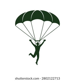 Man in green jumpsuit with parachute falling through air adventure sport