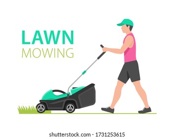 Man with Green Lawn Mower. flat style. isolated on white background