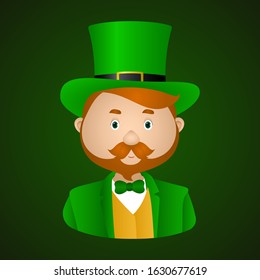 Man in green leprechaun hat. Vector illustration.