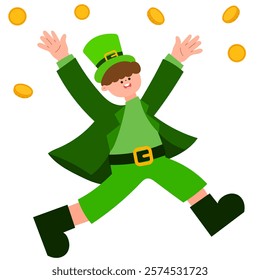 man in green outfit celebrating with gold coins st. patrick’s day flat vector illustration