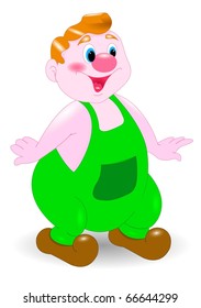 The man in green overalls.
