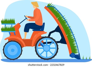 Man with green plant, vector illustration. Cartoon countryside landscape, farmer use gardening machine at agriculture work.