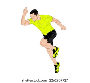 a man in green is running sprints against a white background