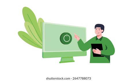 Man in green shirt pointing at green computer screen with power symbol and holding a black tablet, creating a clean and modern aesthetic ideal for technology or business concepts.