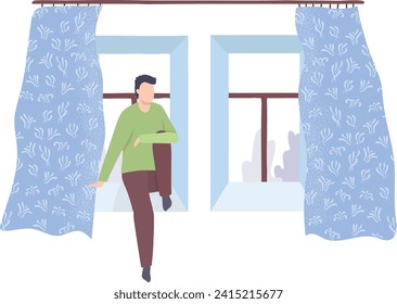 Man in green shirt running indoors, morning jog at home, fitness routine. Indoor exercise, active lifestyle, home workout vector illustration.