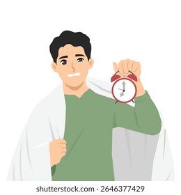 Homem de camisa verde e envolvido em um cobertor parece alarmado enquanto segura um relógio tocando. Ilustração de caractere de vetor plano