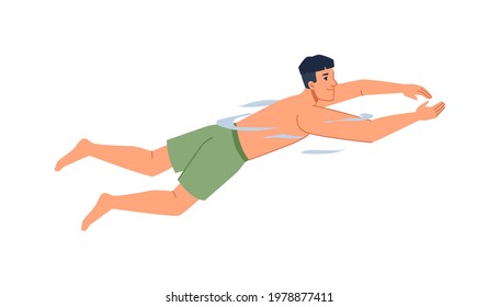 Hombre con pantalones cortos verdes nadando en agua, río o estanque, mar o océano, piscina aislado personaje de dibujos animados planos en ropa de baño. Adolescente vectorial en traje de baño, deporte de verano al aire libre, estilo de vida saludable