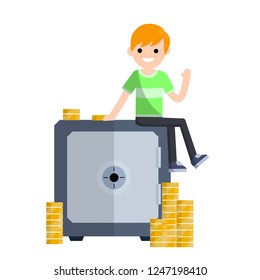 Man in green sitting on a large Bank safe. Profitable cash Deposit. Keeping the money. Economic and financial success. Gold coin stacks.  Cartoon flat illustration