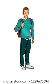 A man in a green suit with a backpack. Boy. Teenager. Vector illustration in cartoon style.