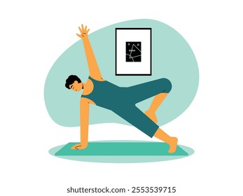 Man in green suit, calm expression while doing meditation in side position, one hand straight on bag and one leg bent, vector illustration.