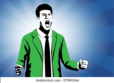 Man in green suit lifting up fist and shout with happy feeling on blue background. Illustration of people in two tone color retro style.