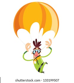 Man with green suit and an orange parachute falling slowly