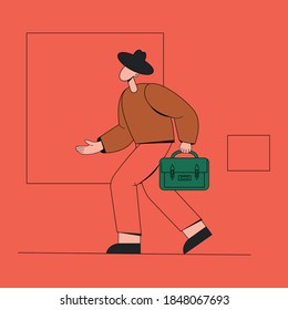 Man with a green suitcase walks. Trendy illustration. Juicy colours. Vector cartoon 