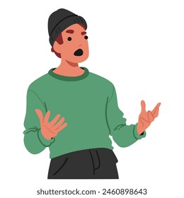 Man In Green Sweater, Black Beanie, And Pants, Gesticulating Emphatically With His Hands. Male Character Suggesting An Animated Or Impassioned Manner Of Expression. Cartoon People Vector Illustration