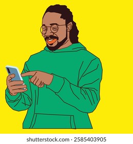 Man in a green sweater smiling while reading his phone messages.