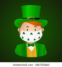 Man in green top hat and protective mask. St Patricks Day. Vector illustration.