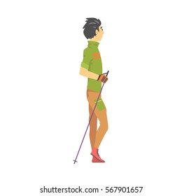 Man In Green T-shirt With Gloves Doing Nordic Walk Outdoors Illustration