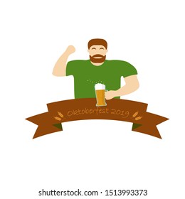 
A man in a green T-shirt is holding a beer. Oktoberfest ribbon. Vector flat style illustration.