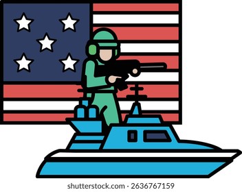A man in a green uniform is standing on a boat next to an American flag. The man is holding a gun