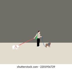 Man with green walking with two dogs on street. Active people, leisure time on holiday vacation.