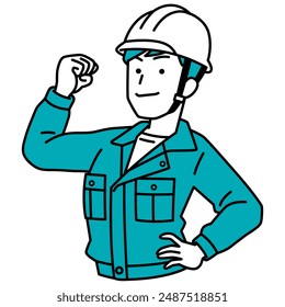 Man in green work clothes demonstrating his bicep