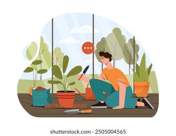 Hombre en invernadero. Chico joven con espátula cerca de macetas con follaje tropical. Jardinería y horticultura, botánica. Verdor y naranjo. Ilustración vectorial plana aislada sobre fondo blanco