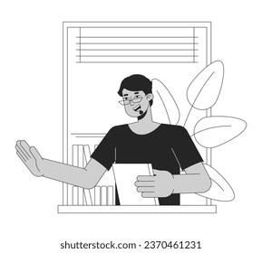 Man greeting bw concept vector spot illustration. Neighbor. Indian male with book on balcony 2D cartoon flat line monochromatic character for web UI design. Editable isolated outline hero image