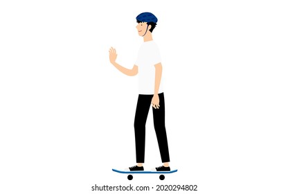 A man greeting people with a small raise of his arms while riding a skateboard.
