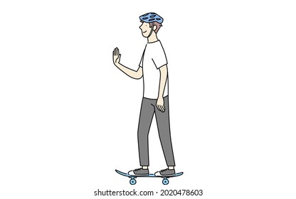 A man greeting people with a small raise of his arms while riding a skateboard.