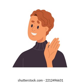 Man greeting smb with fake positive emotion, pretending friendly and happy. Person smiling, concealing real reaction with false face expression. Flat vector illustration isolated on white background