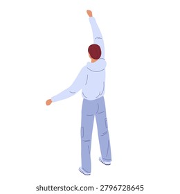 Man greeting someone with arm raised high, standing with back to viewer. Welcome cards, arrival posters, travel blog headers