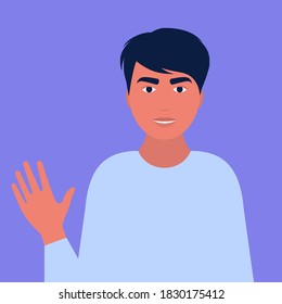 Man greets with hand. Vector illustration in a flat style
