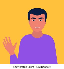 Man greets with hand. Vector illustration in a flat style