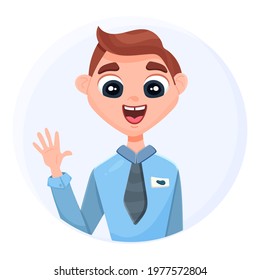 The man greets with his hand. The manager waves his hand.