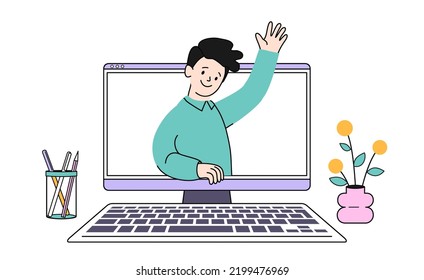 Man greets on the computer screen. Telecommuting concept. Remote employee communicates via the Internet, taking part in online negotiations, in business activities. Working from home. Online learning.