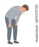 A man in grey clothes is bent over with his hands on his knees, appearing exhausted, breathless, or feeling unwell, possibly due to sickness or strenuous activity.
