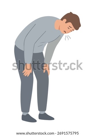 A man in grey clothes is bent over with his hands on his knees, appearing exhausted, breathless, or feeling unwell, possibly due to sickness or strenuous activity.