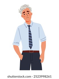 Man with grey hair, wearing a white shirt with rolled-up sleeves, a striped tie, and black pants. The individual stands with hands on hips and a slight smile. Flat cartoon vector illustration
