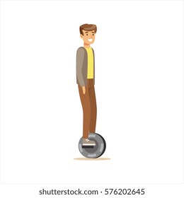 Man In Grey Jacket And Brown Pants Riding Electric Self-Balancing Battery Powered Personal Electric Scooter Cartoon Character