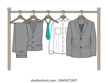 Man grey suit on wooden hanger.