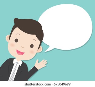 Man in grey suit raise his hand and say something. Vector illustration.